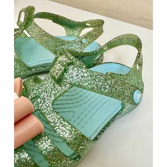 Crocs Girls Blue Green Glitter Size 5 Isabella Hook Loop Sling Back Bow Sandals - Picture 3 of 12
